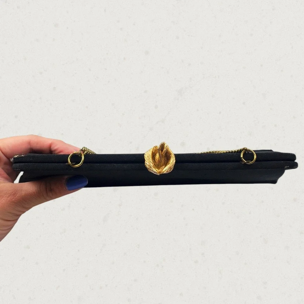 Vintage Black Satin Evening Clutch Bag Gold Floral Clasp Chain Strap Mid Century